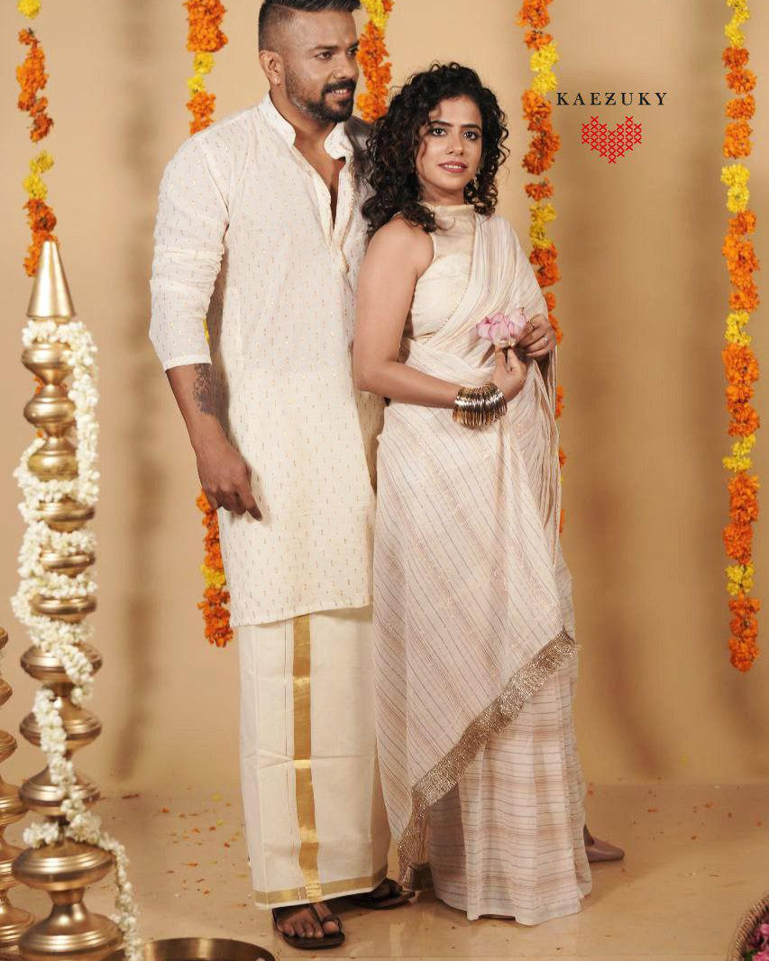 Onam Stripe Saree & Kurta Couple Twinning