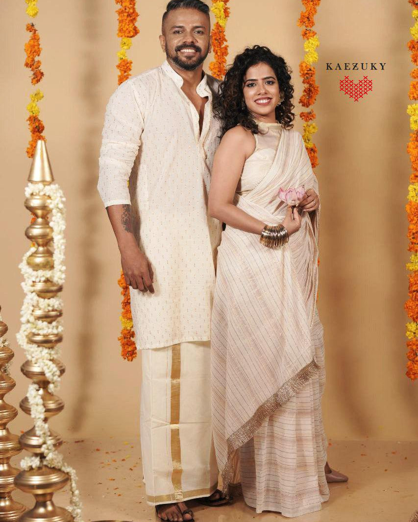 Onam Stripe Saree & Kurta Couple Twinning