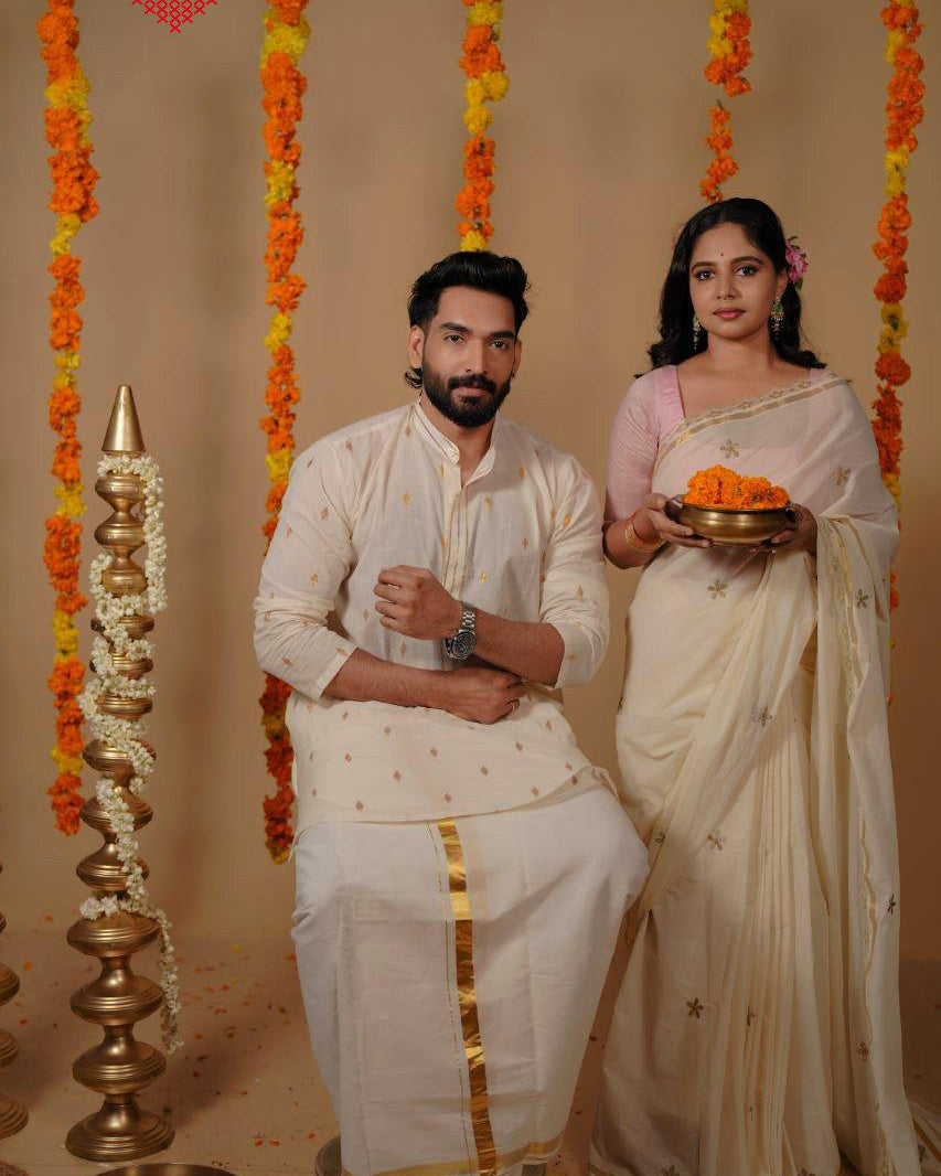 Onam Mulla Saree & Kurta Couple Twinning