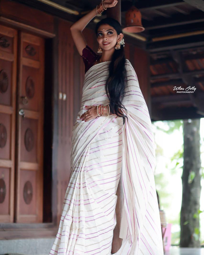Purple Ethnic Striped Saree