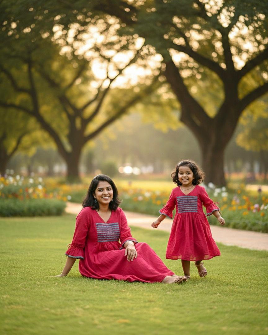 Mom & Daughter Maroon Lace Details Dress Combo