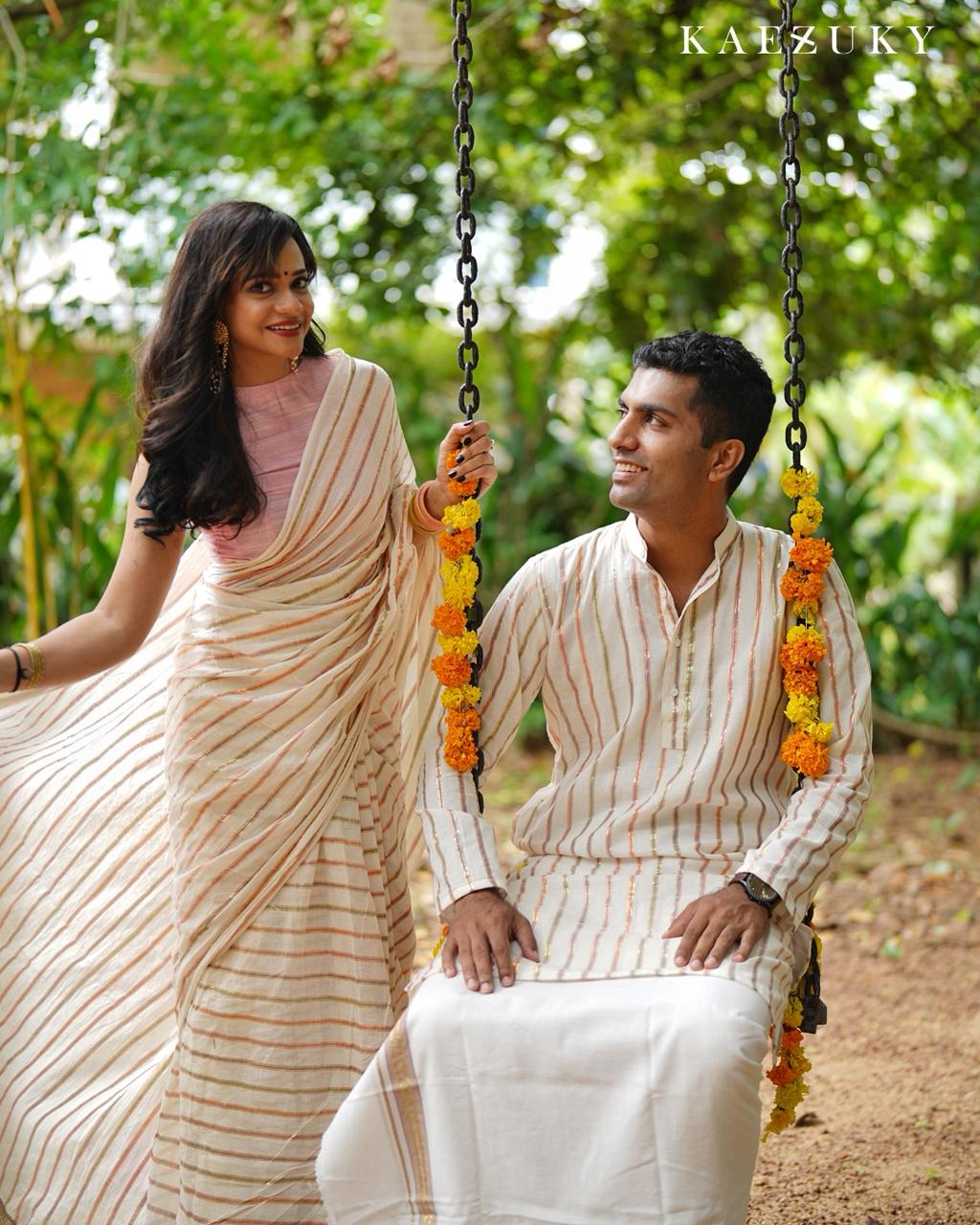 Onam Multicolour Saree & Kurta Couple Twinning