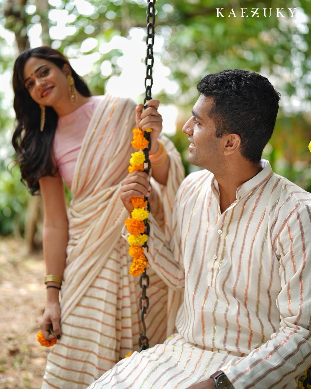 Onam Multicolour Saree & Kurta Couple Twinning