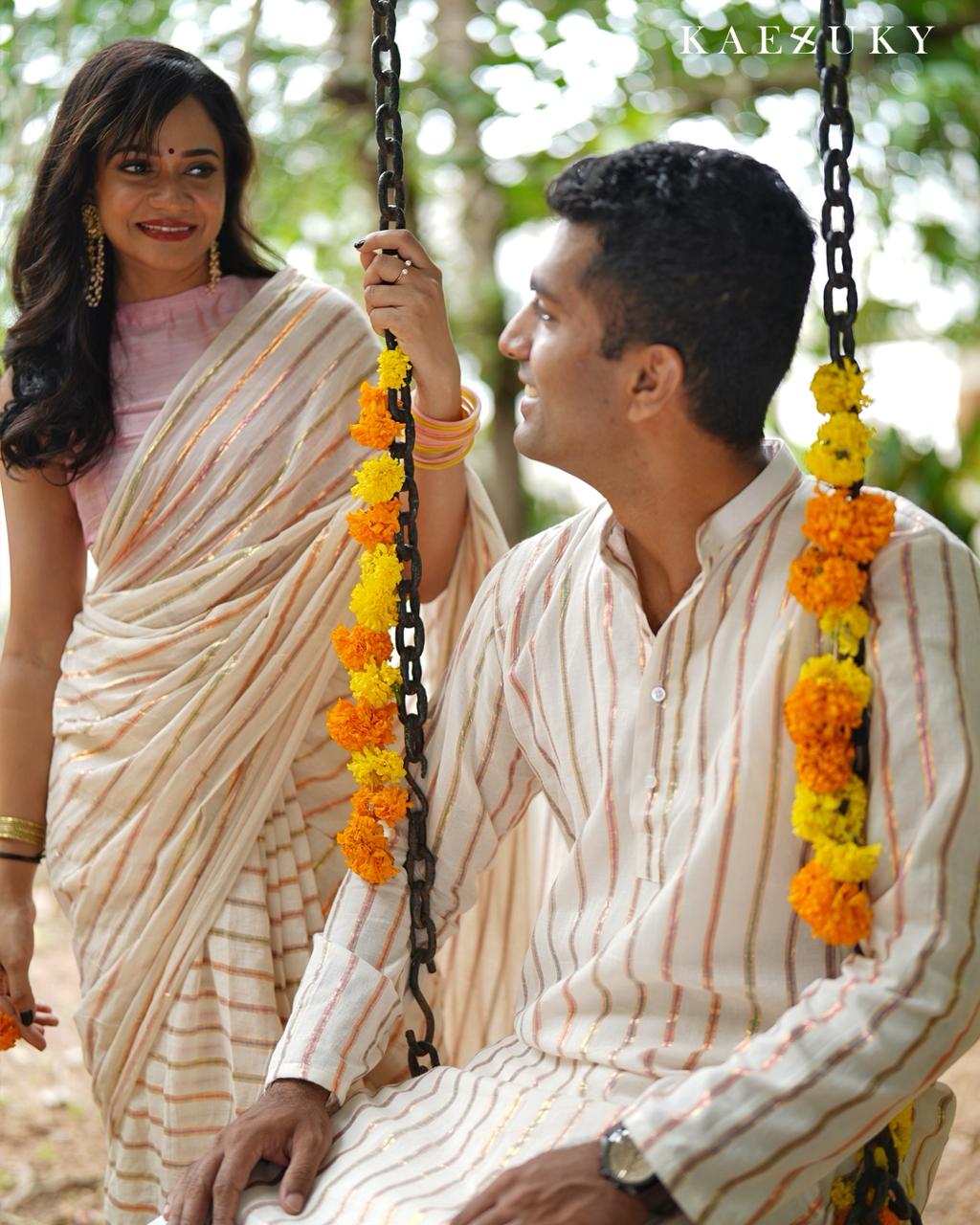 Onam Multicolour Saree & Kurta Couple Twinning