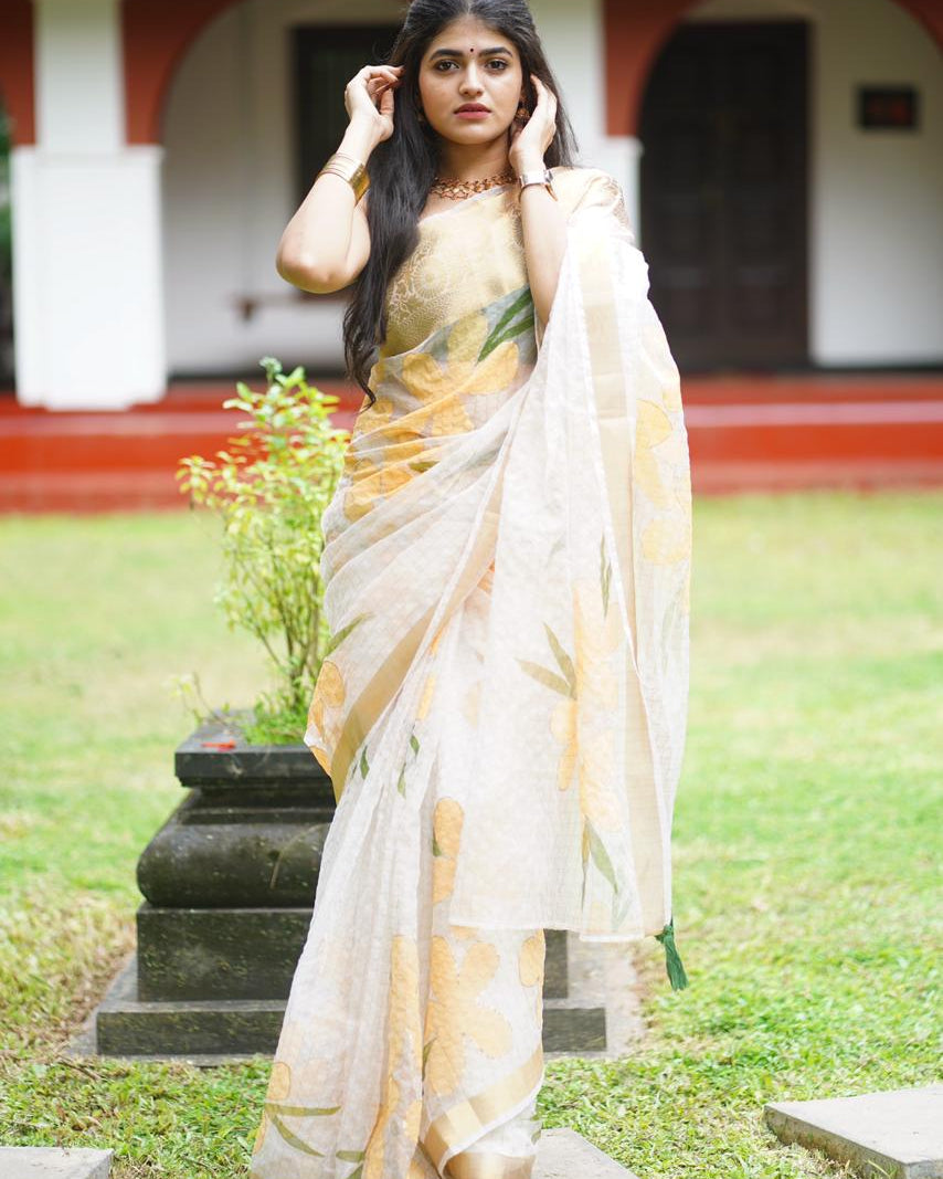 Yellow Floral Printed Saree